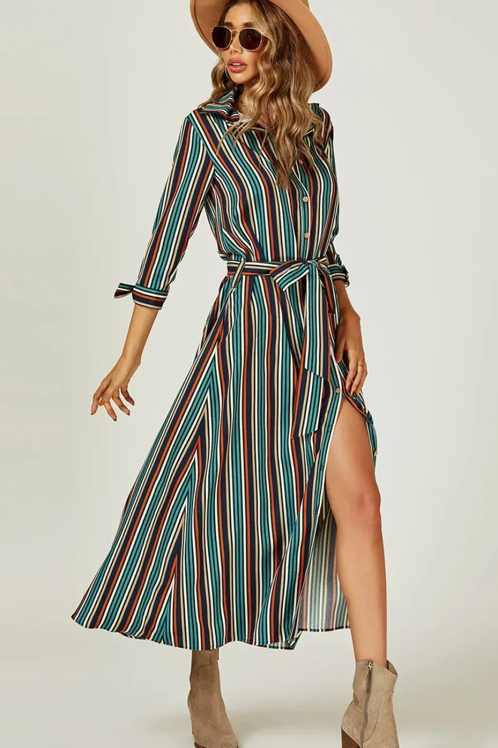 Stripe Multi Colour Printed Maxi Shirt Dress