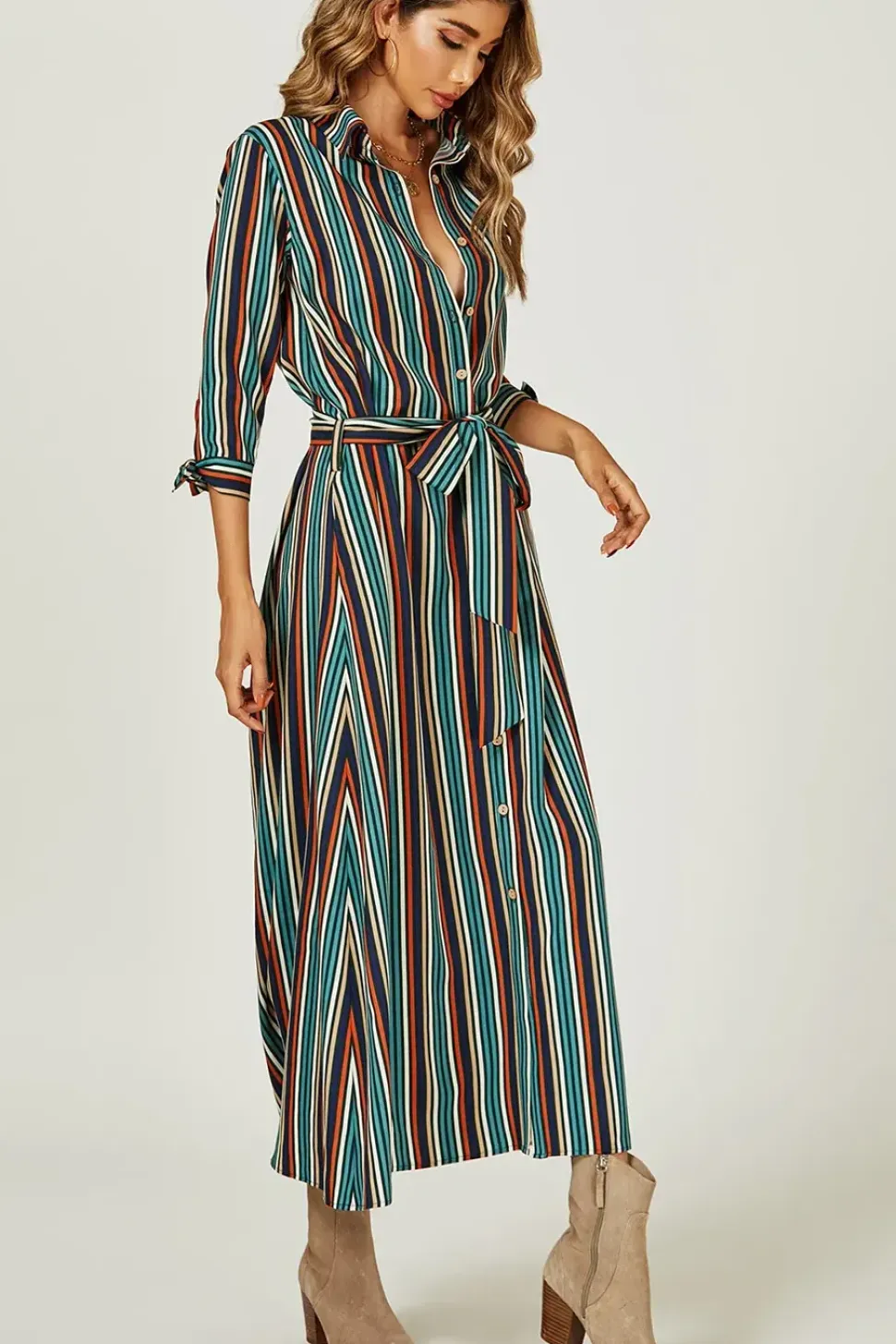 Stripe Multi Colour Printed Maxi Shirt Dress
