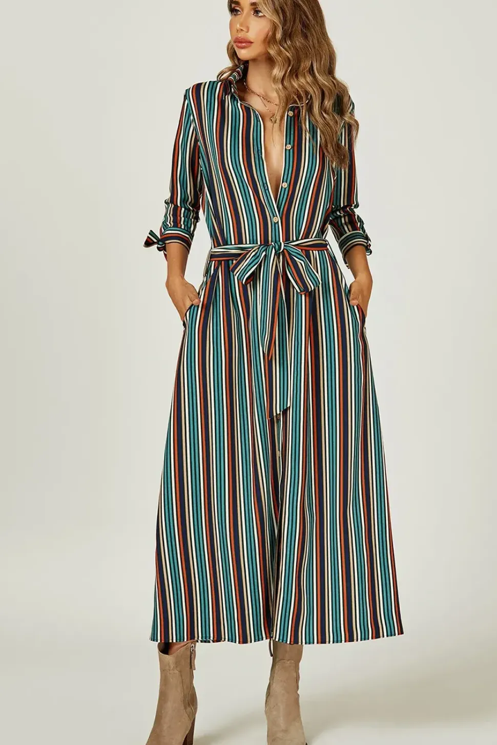 Stripe Multi Colour Printed Maxi Shirt Dress