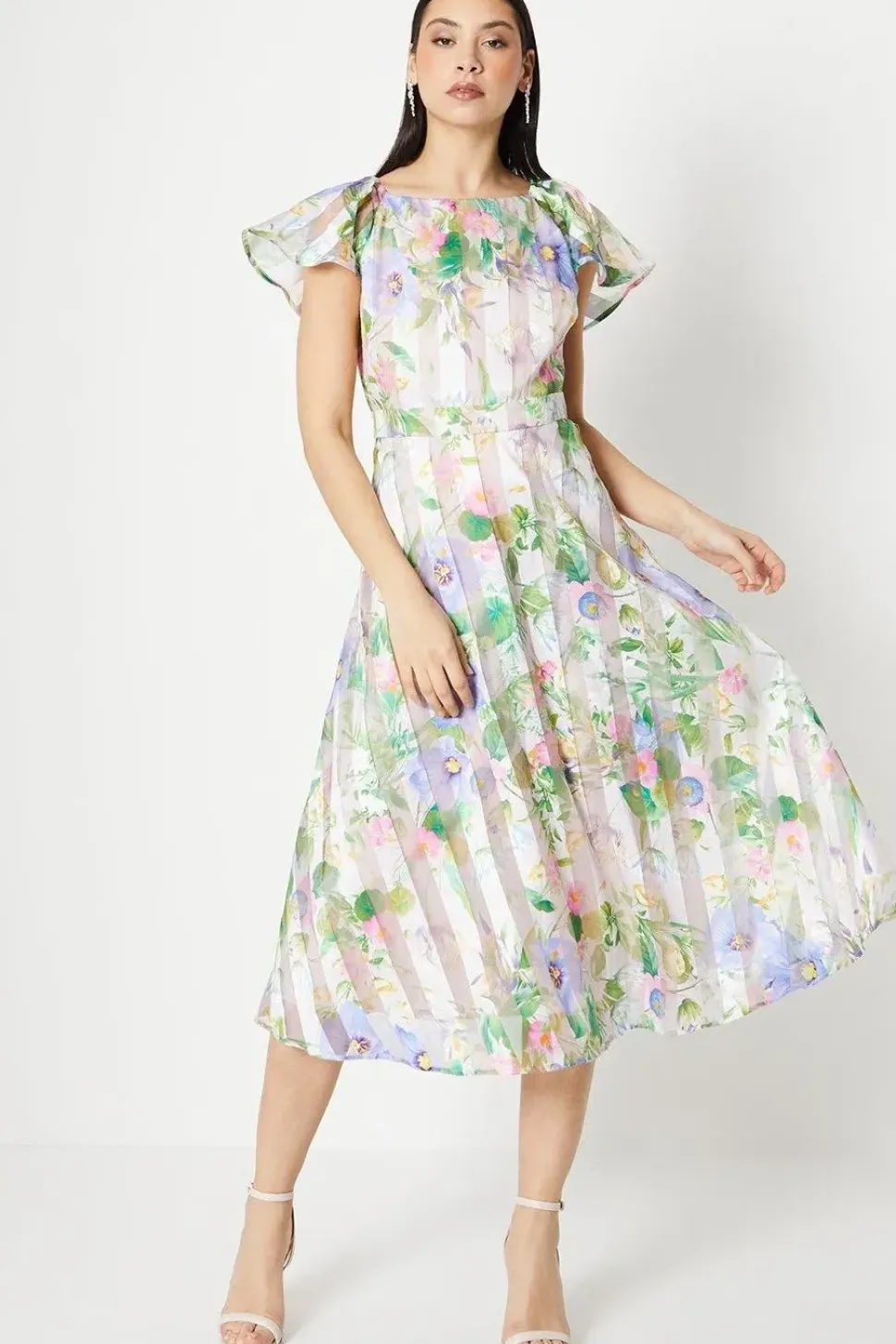 Stripe Organza Pleat Shoulder Midi Dress