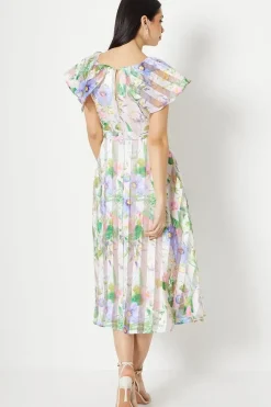 Stripe Organza Pleat Shoulder Midi Dress