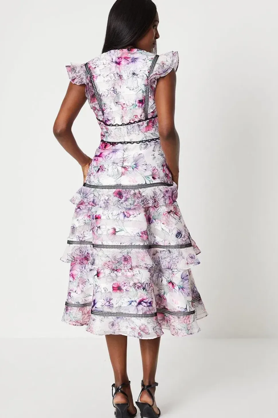Stripe Organza Ruffle Lace Trim Midi Dress
