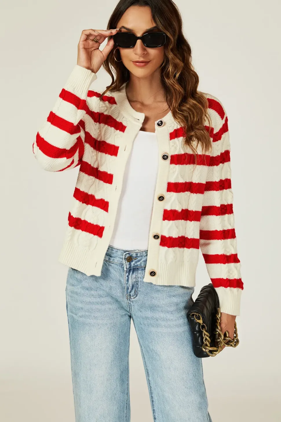 Stripe Pattern Knitted Cardigan In Red
