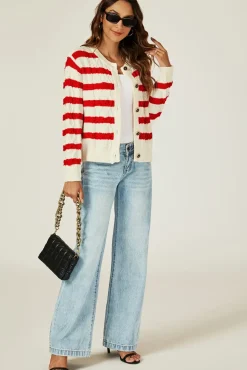 Stripe Pattern Knitted Cardigan In Red