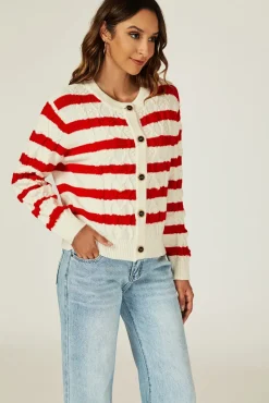 Stripe Pattern Knitted Cardigan In Red