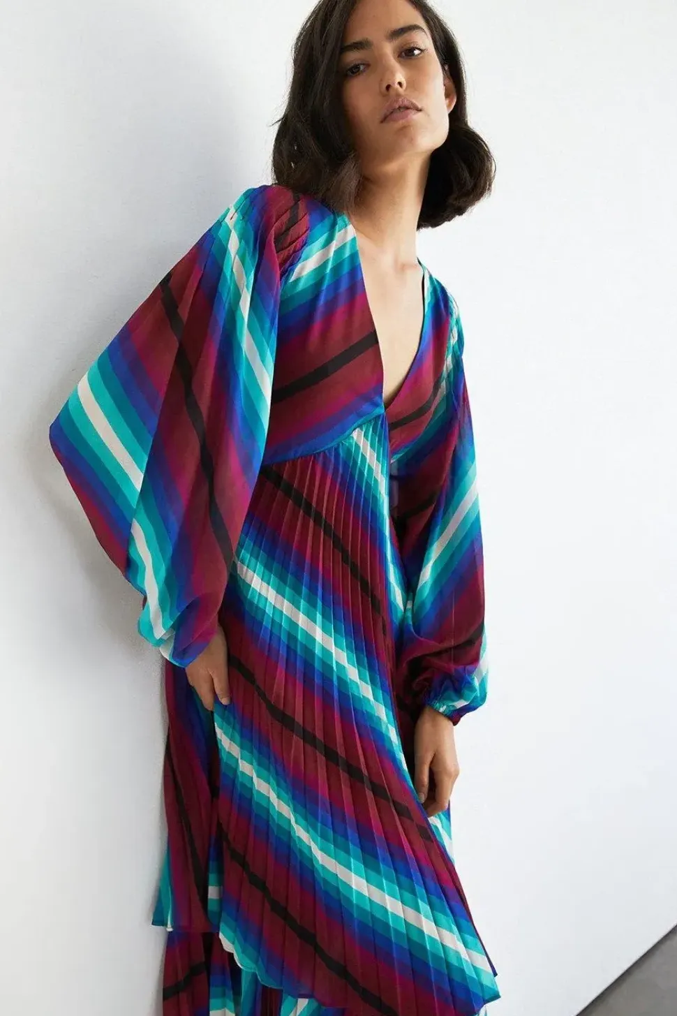 Stripe Pleated Double Tiered Midi Dress