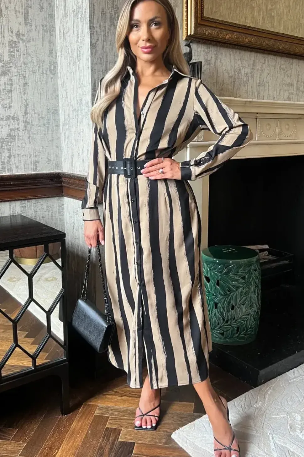 Stripe Print Button Front Midi Belted Shirt Dress