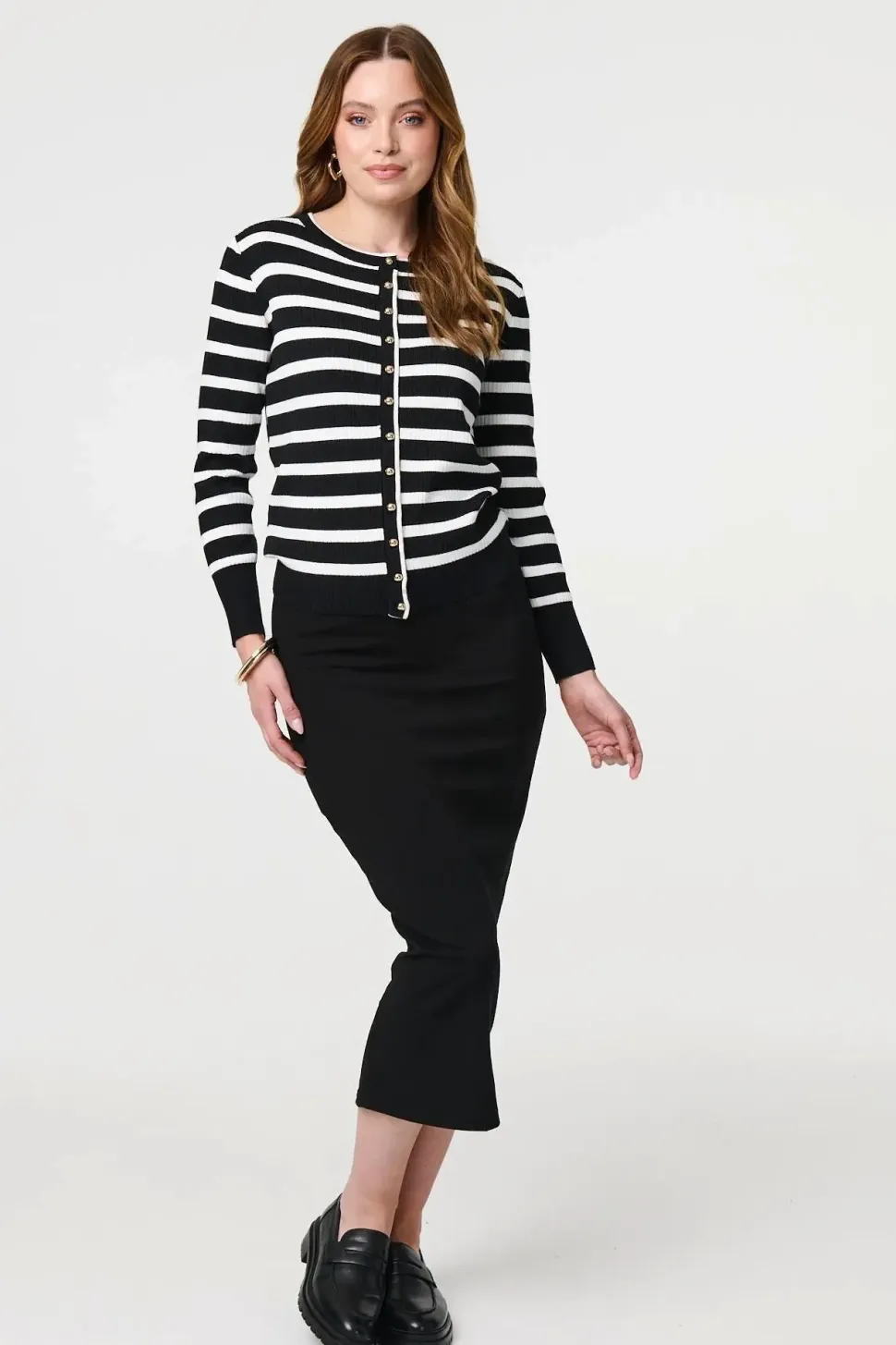 Stripe Print Button-Up Knit Cardigan