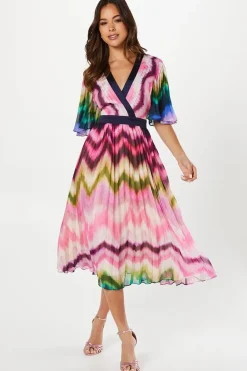 Stripe Print Pleated Midi Wedding Guest Dress