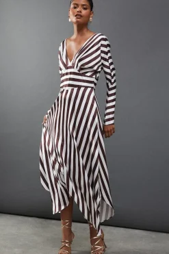 Stripe Satin Batwing Waisted Hanky Hem Midi Dress
