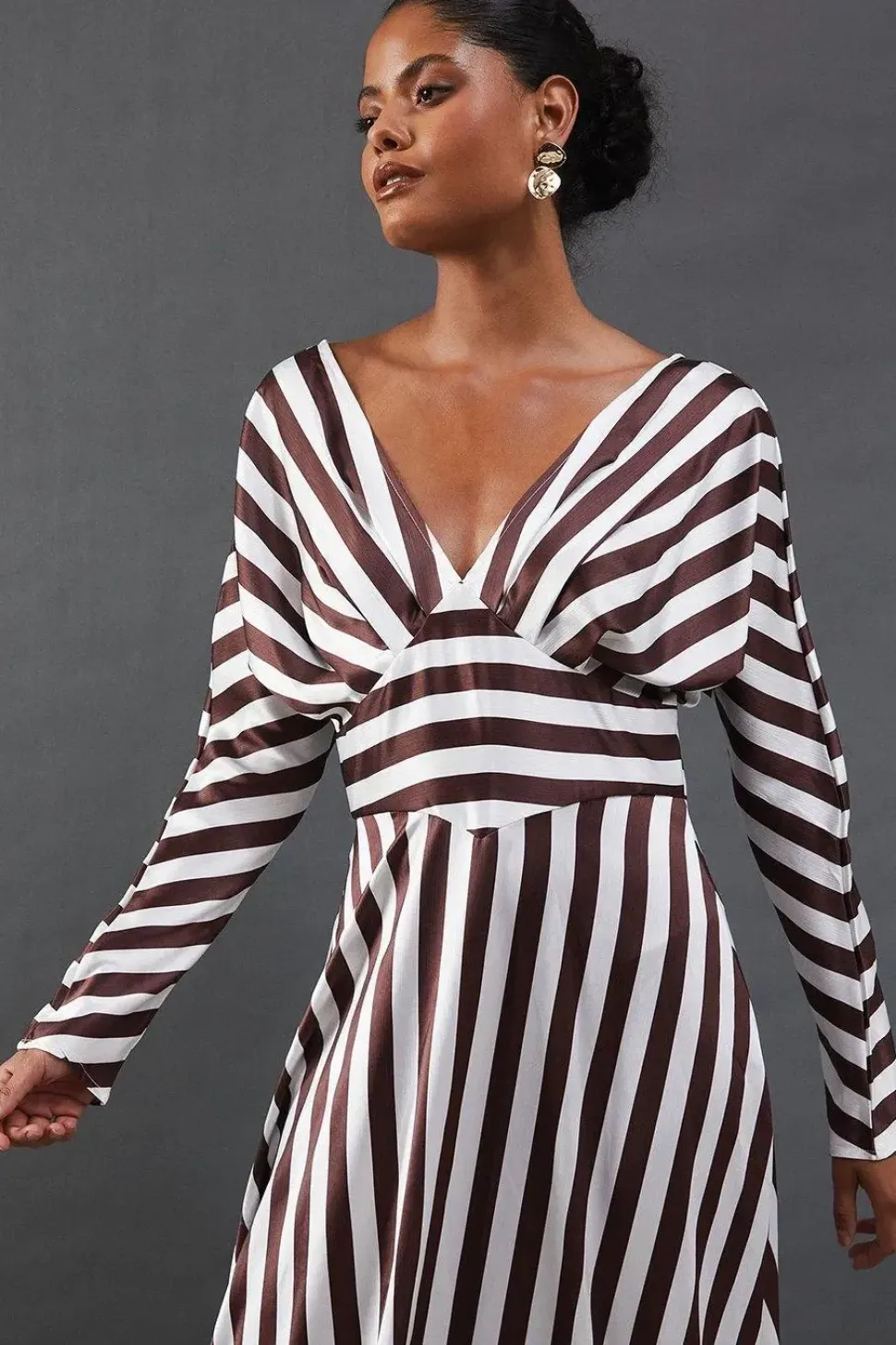 Stripe Satin Batwing Waisted Hanky Hem Midi Dress