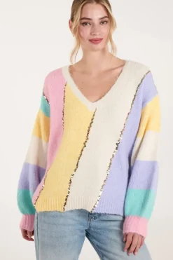 Stripe Sequin Detailed V Neck Jumper