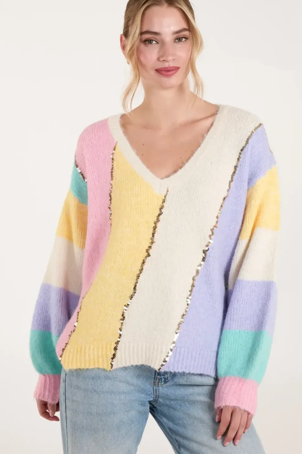 Stripe Sequin Detailed V Neck Jumper