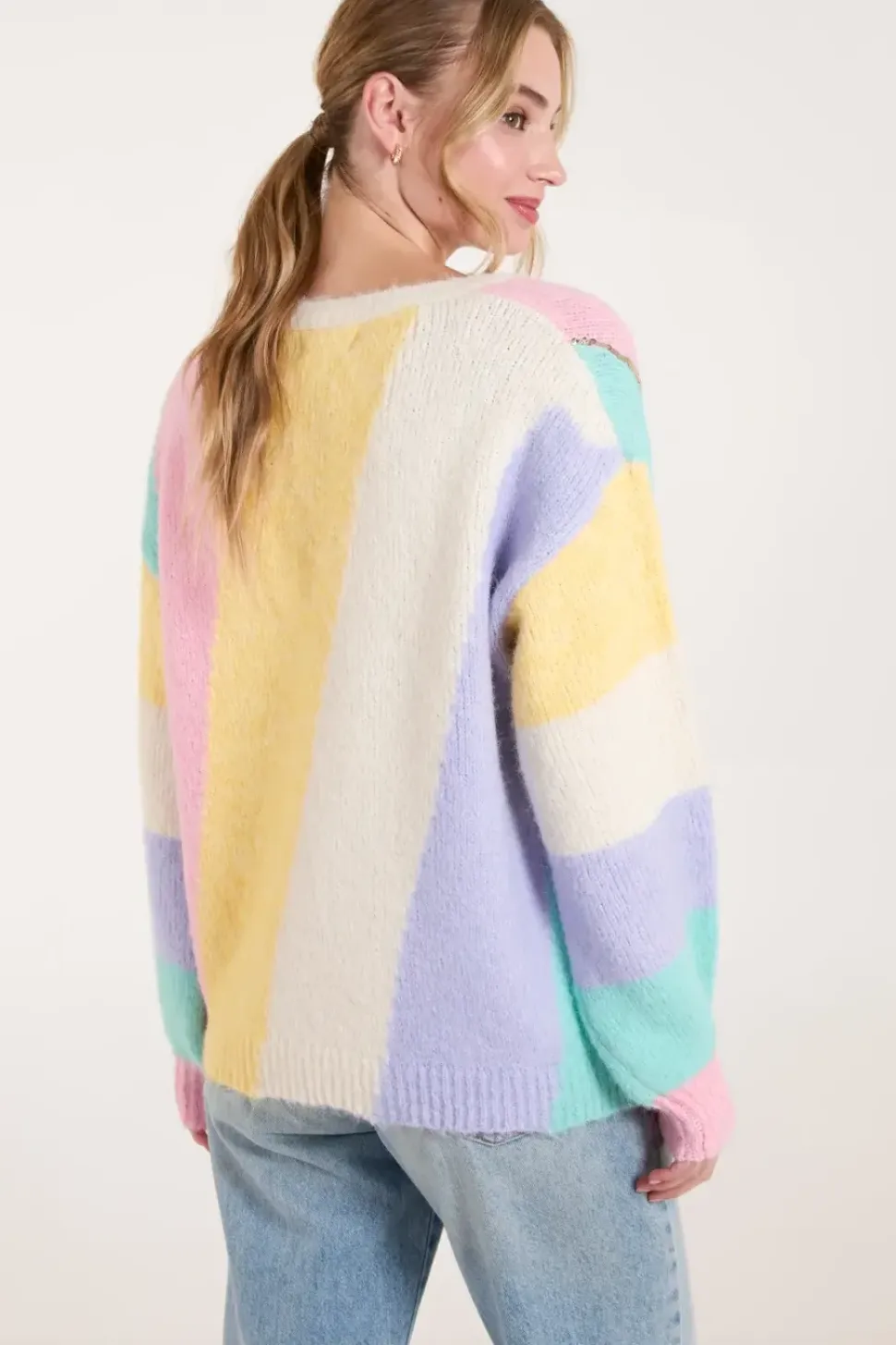 Stripe Sequin Detailed V Neck Jumper