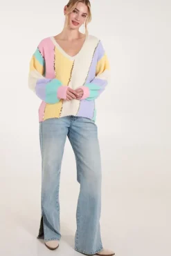 Stripe Sequin Detailed V Neck Jumper