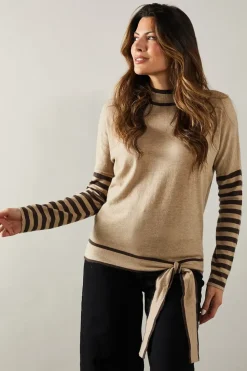 Stripe Sleeve Tie Waist High Neck Jumper
