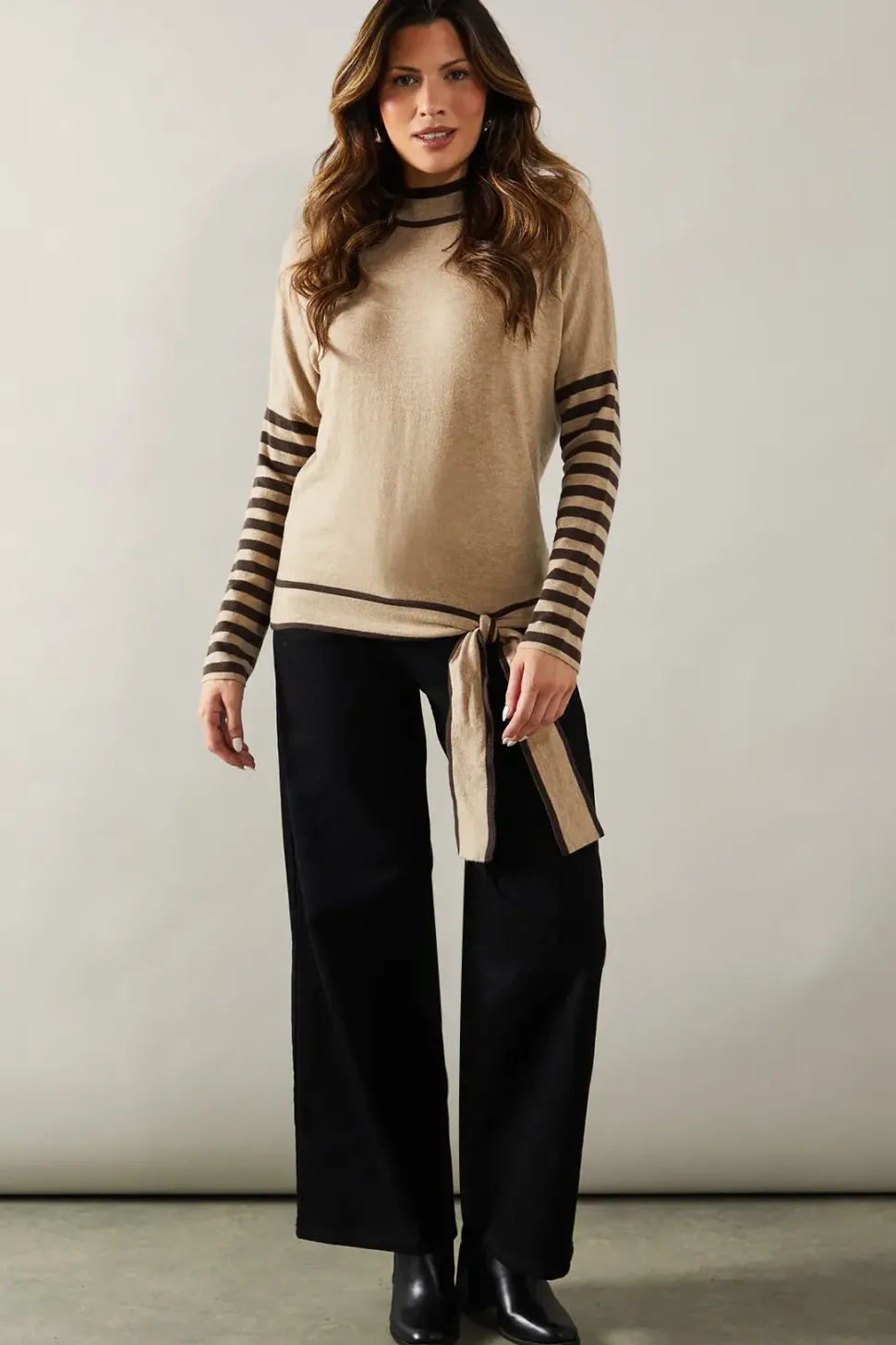 Stripe Sleeve Tie Waist High Neck Jumper