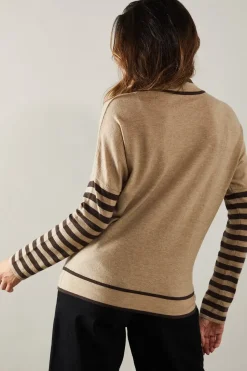 Stripe Sleeve Tie Waist High Neck Jumper