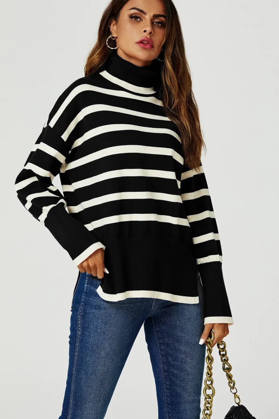 Stripes Pattern Turtleneck Jumper Top In Black