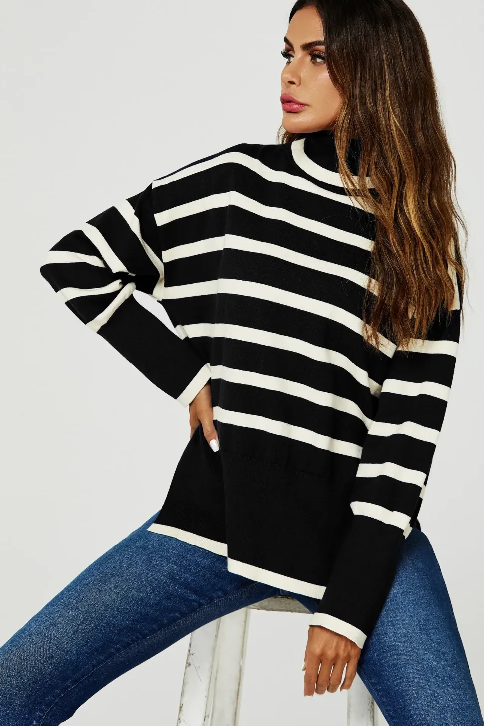 Stripes Pattern Turtleneck Jumper Top In Black