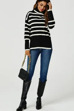 Stripes Pattern Turtleneck Jumper Top In Black