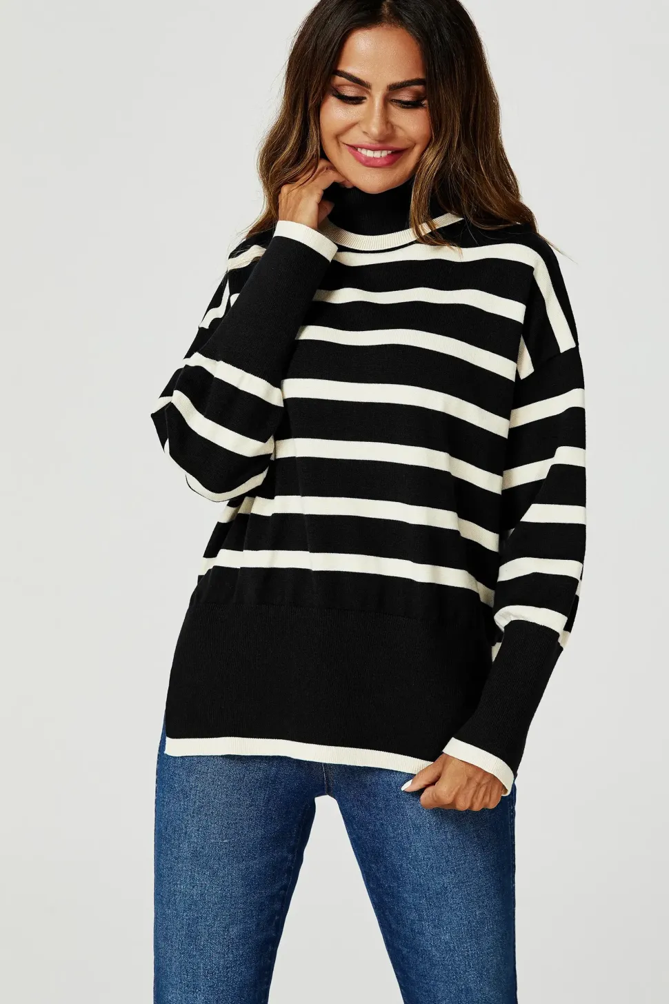 Stripes Pattern Turtleneck Jumper Top In Black