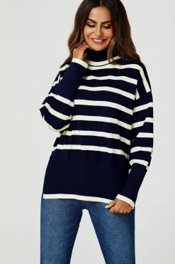 Stripes Pattern Turtleneck Jumper Top In Navy