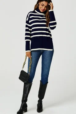 Stripes Pattern Turtleneck Jumper Top In Navy