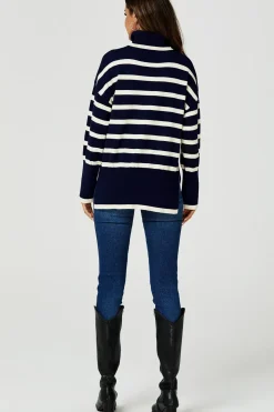 Stripes Pattern Turtleneck Jumper Top In Navy