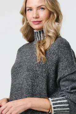 Stripe Trim High Neck Oversized Jumper