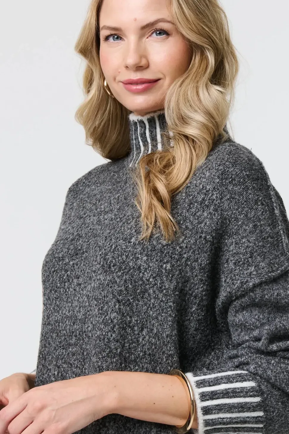 Stripe Trim High Neck Oversized Jumper