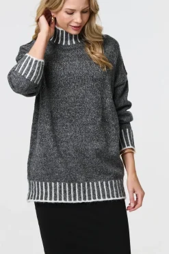 Stripe Trim High Neck Oversized Jumper