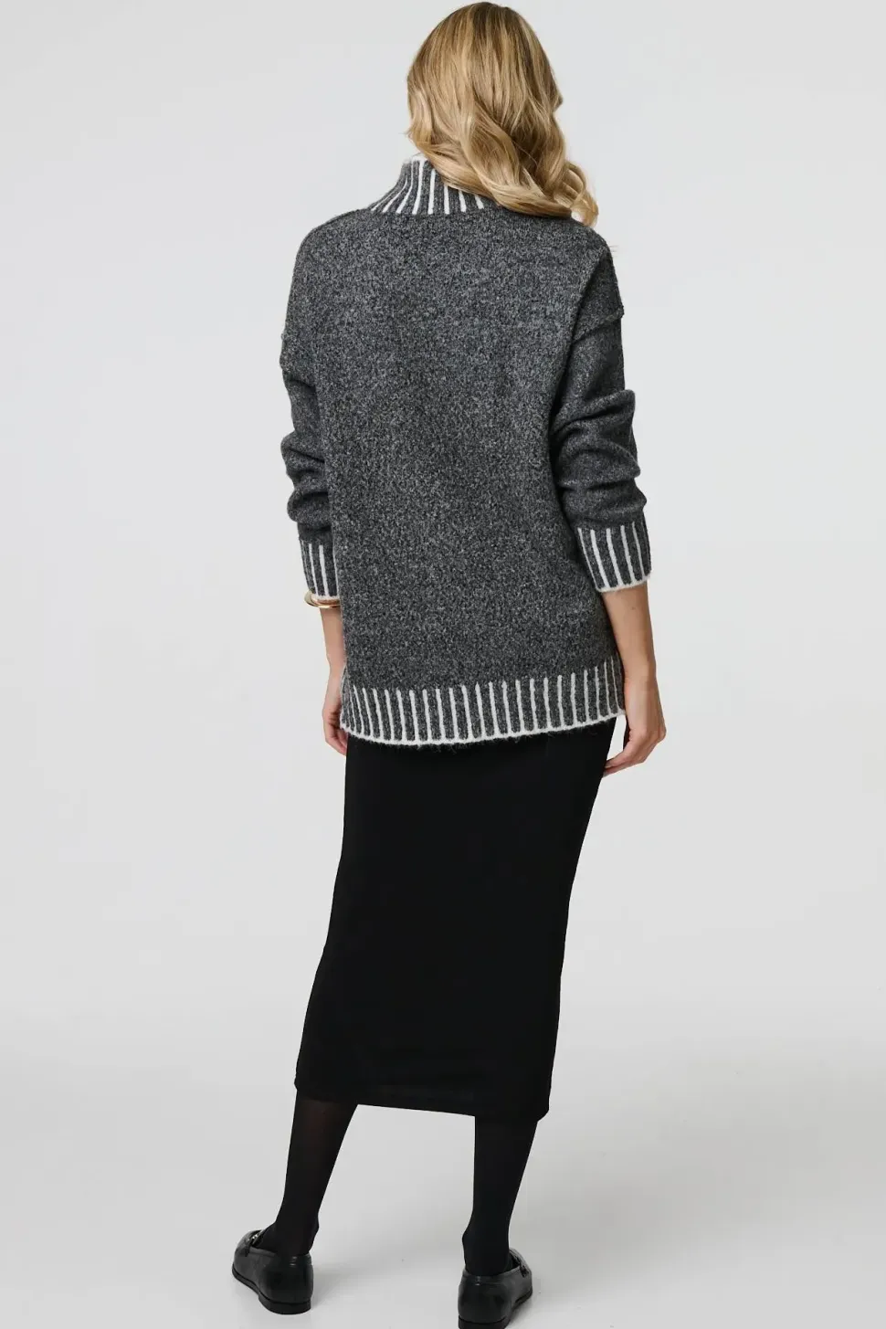 Stripe Trim High Neck Oversized Jumper