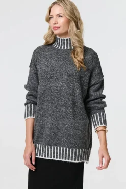 Stripe Trim High Neck Oversized Jumper