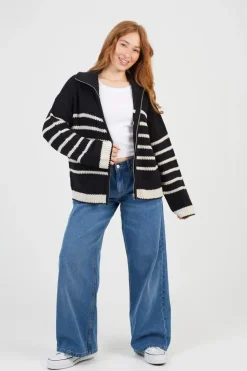 Stripe Zip Through Fisherman Knit Jumper