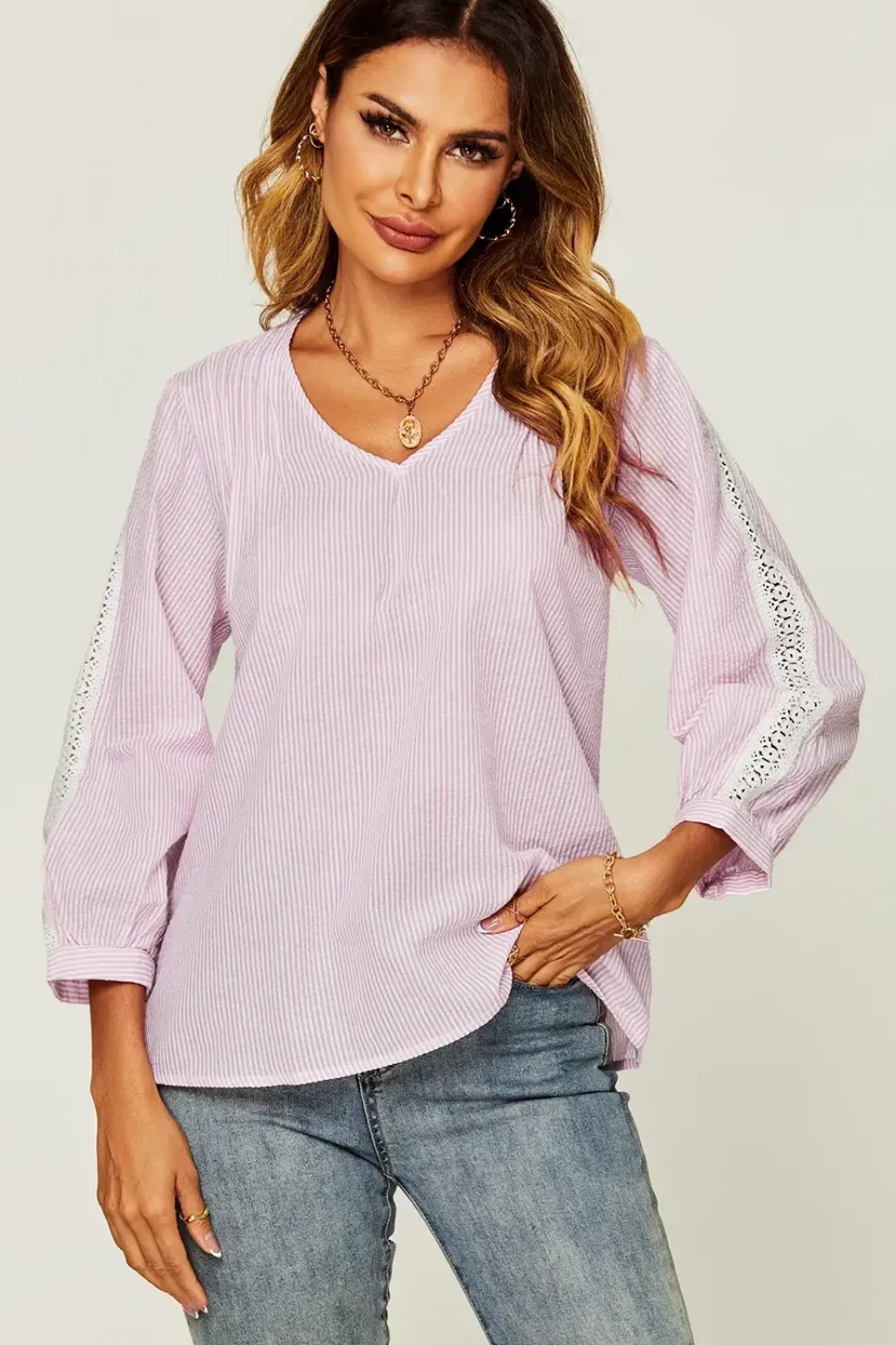 Strip Print V Neck Lace Trim Sleeve Top In Pink