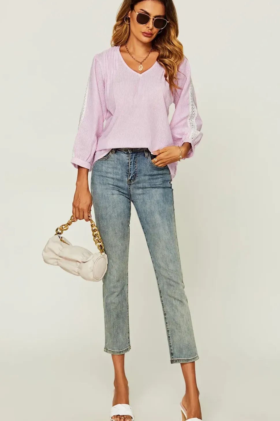 Strip Print V Neck Lace Trim Sleeve Top In Pink