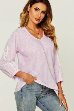 Strip Print V Neck Lace Trim Sleeve Top In Pink