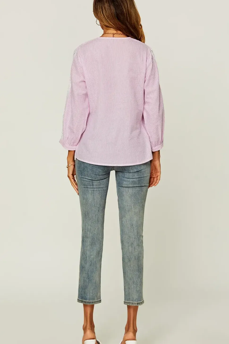 Strip Print V Neck Lace Trim Sleeve Top In Pink