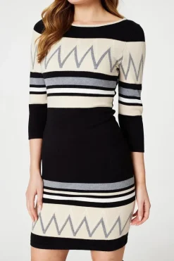 Stripy 3/4 Sleeve Knit Dress