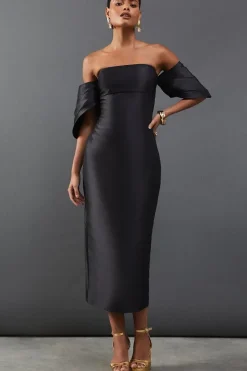 Structured Puff Sleeve Bardot Midi Dress