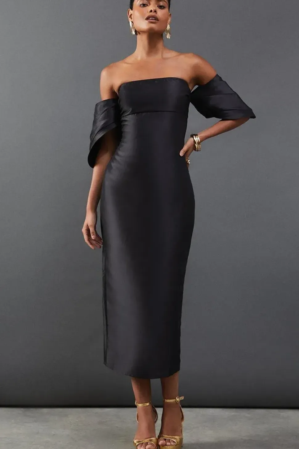 Structured Puff Sleeve Bardot Midi Dress