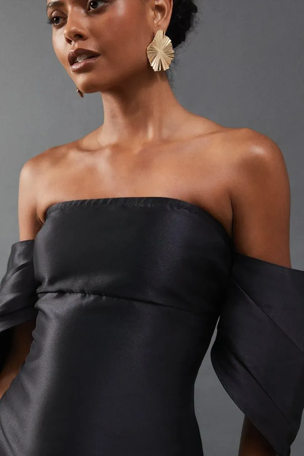 Structured Puff Sleeve Bardot Midi Dress