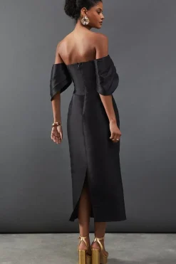 Structured Puff Sleeve Bardot Midi Dress