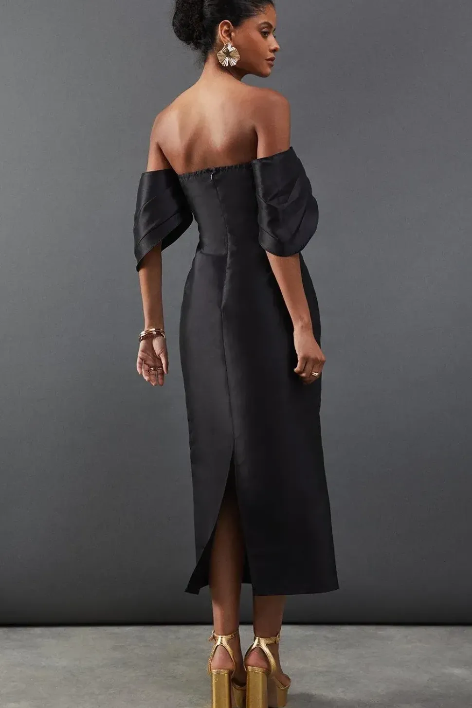 Structured Puff Sleeve Bardot Midi Dress