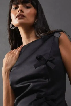 Structured Satin Sleeveless Bow Detail Mini Dress