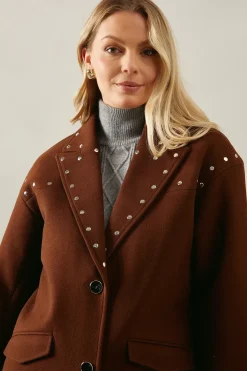 Stud Detail Single Breasted Midi Coat