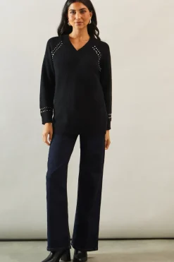 Stud Detail V Neck Ribbed Jumper