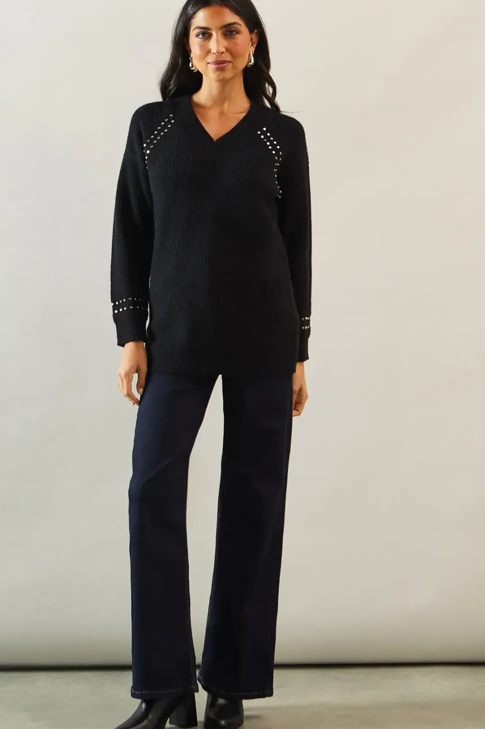 Stud Detail V Neck Ribbed Jumper