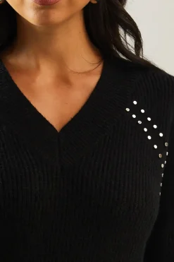 Stud Detail V Neck Ribbed Jumper